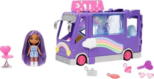 Barbie Extra Mini Minis Doll and Vehicle Playset, Expandable Tour Bus with Small Doll, Clothes and Accessories - 1