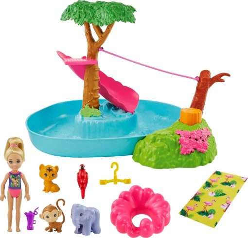 Barbie and Chelsea The Lost Birthday Splashtastic Pool Surprise Playset with Chelsea Doll (6-in), 3 Baby Animals, Slide, Zipline & Accessories, Gift for 3 to 7 Year Olds - 1