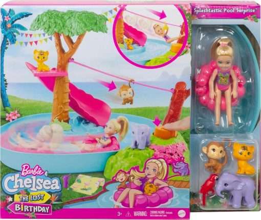 Barbie and Chelsea The Lost Birthday Splashtastic Pool Surprise Playset with Chelsea Doll (6-in), 3 Baby Animals, Slide, Zipline & Accessories, Gift for 3 to 7 Year Olds - 6