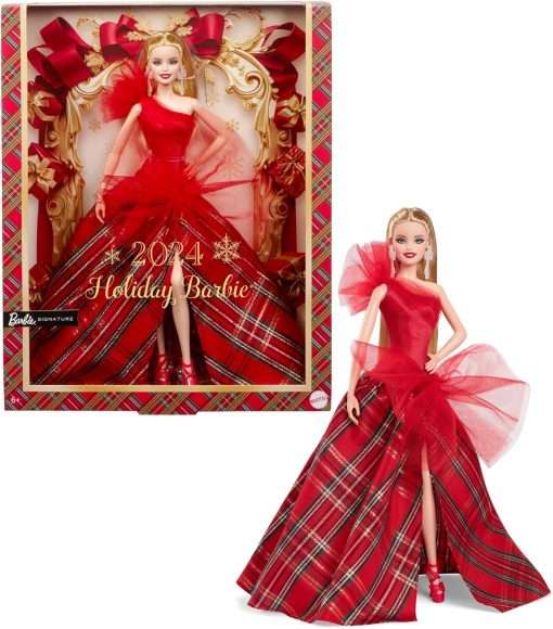 Barbie Signature Doll, 2024 Holiday Blonde Fashion Doll Wearing Gown with Plaid Skirt, Seasonal Collector Gift in Displayable Packaging - 1