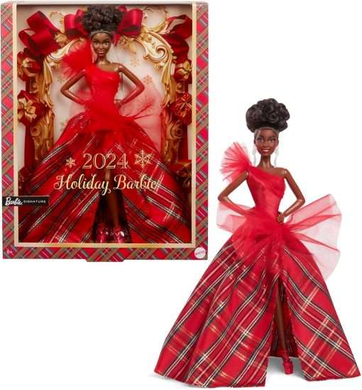 Barbie Signature Doll, 2024 Holiday Fashion Doll with Brown Hair Wearing Plaid Gown, Seasonal Collector Gift in Displayable Packaging - 1