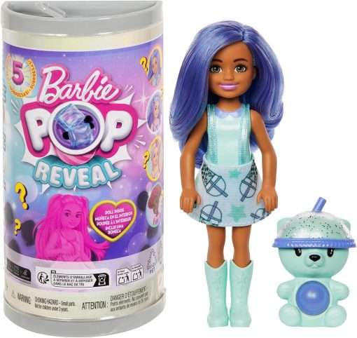 Barbie Chelsea Pop Reveal Bubble Tea Series Doll with Tea Can-Inspired Package & 5 Surprises Including Scented Small Doll & Pop-It Pet - 1