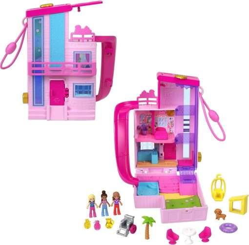 Barbie ​Polly Pocket Dreamhouse Compact, Dollhouse Playset with 3 Micro Dolls, 1 Puppy, 11 Accessories, Elevator & Pool - 1
