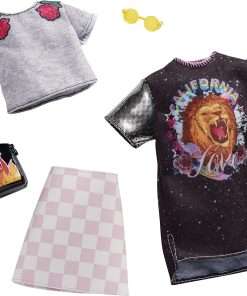 Barbie Clothes - 2 Outfits Doll Include a T-Shirt Dress with Retro Rock Graphic and Flame-Decorated Purse, Gift for 3 to 8 Year Olds - 1