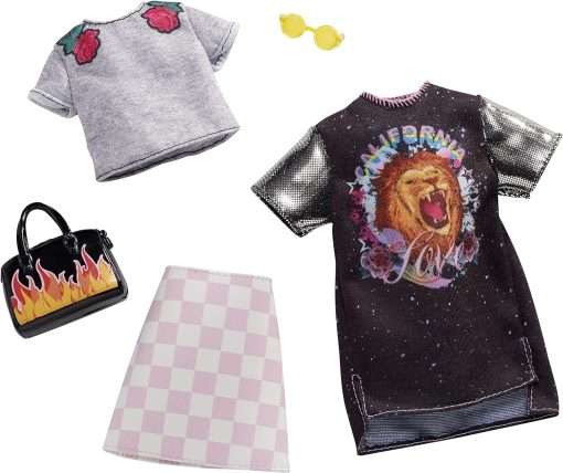 Barbie Clothes - 2 Outfits Doll Include a T-Shirt Dress with Retro Rock Graphic and Flame-Decorated Purse, Gift for 3 to 8 Year Olds - 1