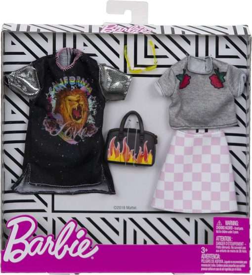 Barbie Clothes - 2 Outfits Doll Include a T-Shirt Dress with Retro Rock Graphic and Flame-Decorated Purse, Gift for 3 to 8 Year Olds - 3