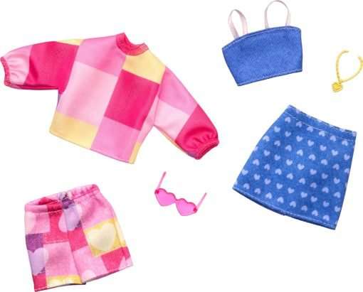 Barbie Fashions 2-Pack Clothing Set, 2 Outfits Doll Include Pink & Blue Inspired Skirt, Shorts, 2 Tops & 2 Accessories - 1