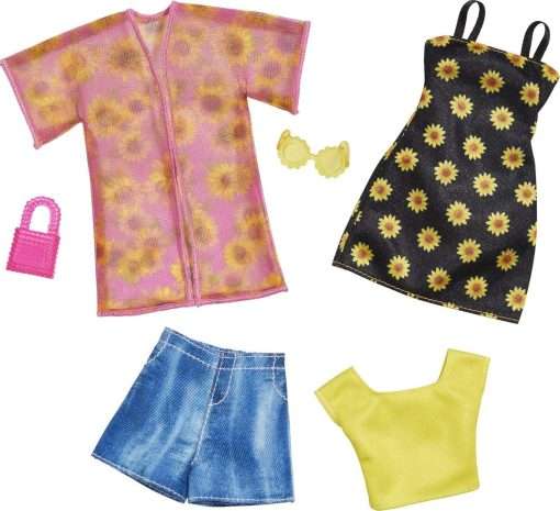 Barbie Fashions 2-Pack Clothing Set, 2 Outfits Doll Include Shirt, Shorts & Kimono, Sleeveless Sunflower Dress & 2 Accessories - 1