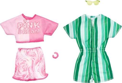 Barbie & Ken Fashions 2-Pack Clothing & Accessories Set, 1 Pink Dream Top & Skirt with Bracelet for Barbie Doll & 1 Striped Romper & Sunglasses for Ken Doll - 1