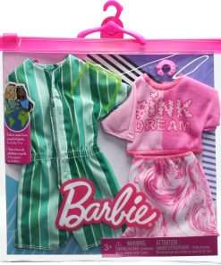Barbie & Ken Fashions 2-Pack Clothing & Accessories Set, 1 Pink Dream Top & Skirt with Bracelet for Barbie Doll & 1 Striped Romper & Sunglasses for Ken Doll - 2