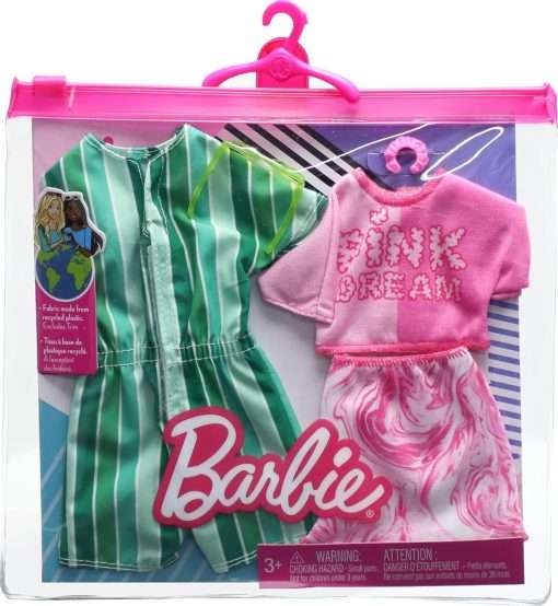 Barbie & Ken Fashions 2-Pack Clothing & Accessories Set, 1 Pink Dream Top & Skirt with Bracelet for Barbie Doll & 1 Striped Romper & Sunglasses for Ken Doll - 2