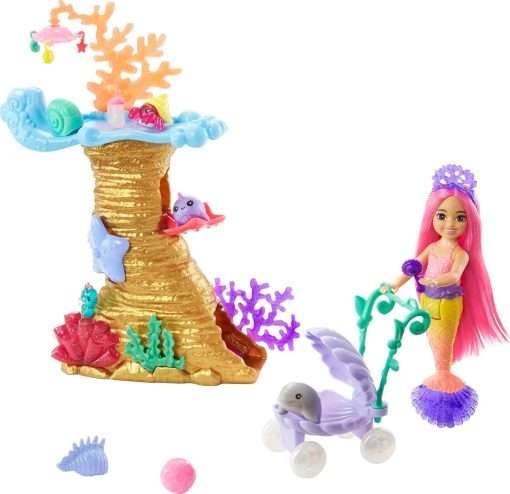 Barbie Mermaid Power Doll & Playset, Chelsea Mermaid Doll with 4 Sea Animal Pets, Toy Coral Reef Play Area, Stroller & Accessories - 1