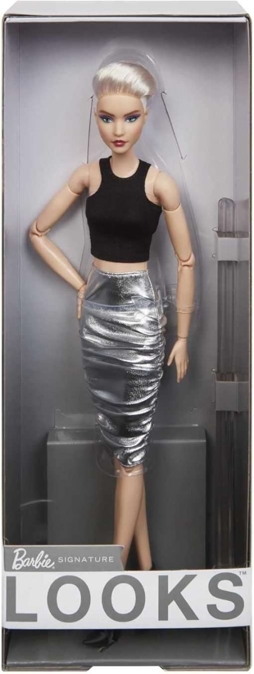 Barbie Signature Looks Doll (Original, Blonde Pixie Cut) Fully Posable Fashion Doll Wearing Black Crop Top & Metallic Skirt, Gift for Collectors - 6