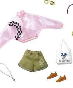 Barbie Storytelling Fashion Pack of Doll Clothes Inspired by The Olympic Games Tokyo 2020- Pink Transparent Jacket, Shorts and 6 Accessories Dolls, Gift for 3 to 8 Year Olds - 1