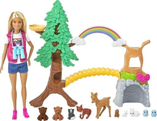 Barbie Wilderness Guide Doll and Playset, Blonde Fashion Doll with 10 Animal Figures, Tree, Rainbow and More - 1