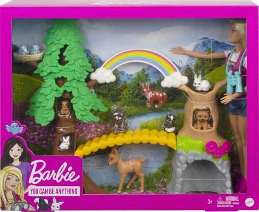 Barbie Wilderness Guide Doll and Playset, Blonde Fashion Doll with 10 Animal Figures, Tree, Rainbow and More - 7