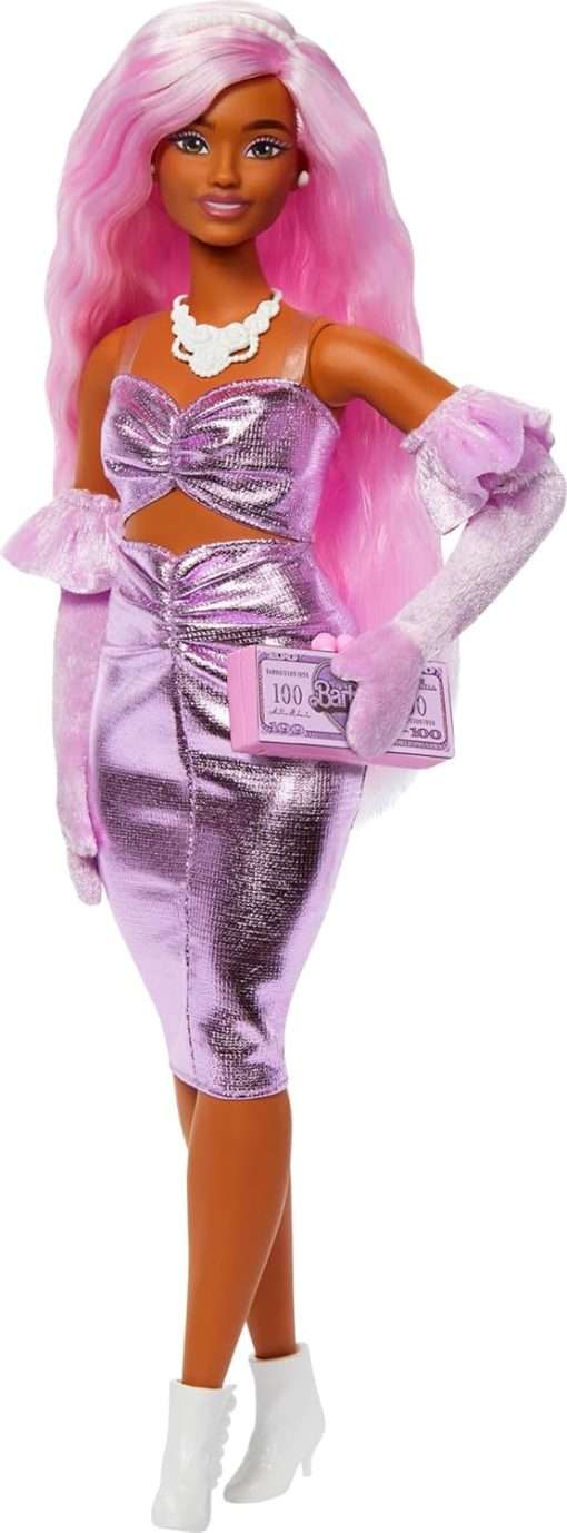 Barbie Deluxe Style Doll #1 in Barbiecore Outfit, Pink Hair and Glossy Pink Dress with Accessories Like Velvet Gloves, Money Purse, and More - 1