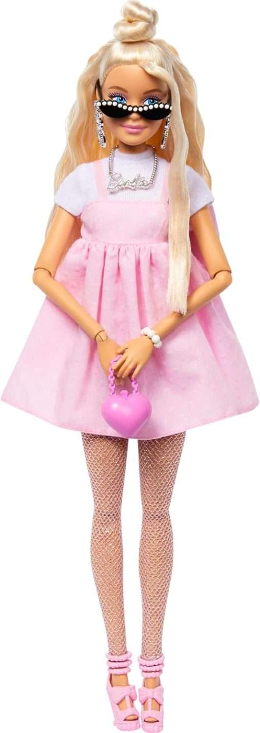 Barbie Deluxe Style Doll #3 in Barbiecore Outfit, Blond Hair in Top Knot, Pink Pastel Dress with Oversized Bow and Accessories Like Mesh Tights - 1