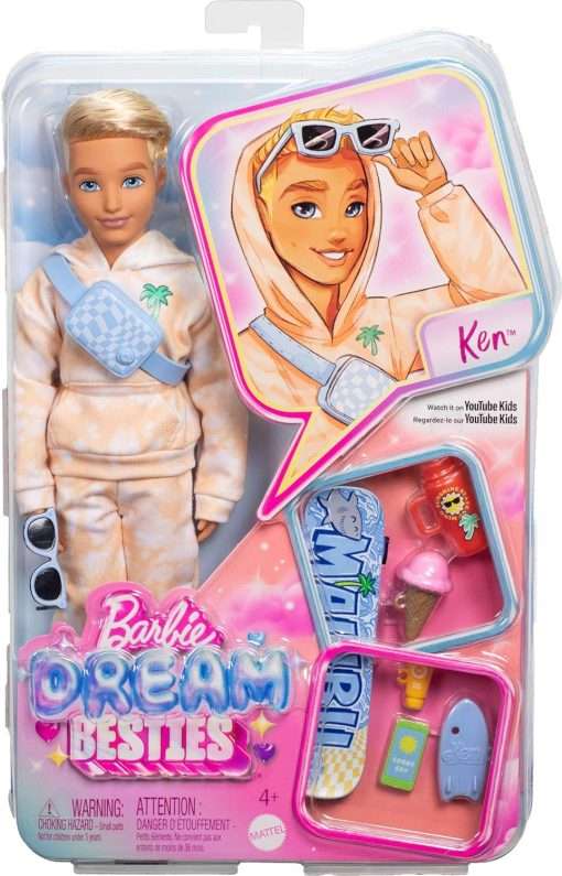 Barbie Dream Besties Doll and Accessories, Ken Posable Fashion Doll with Removable Fashions & Blonde Hair, 9 Summer & Skateboard Themed Pieces - 6