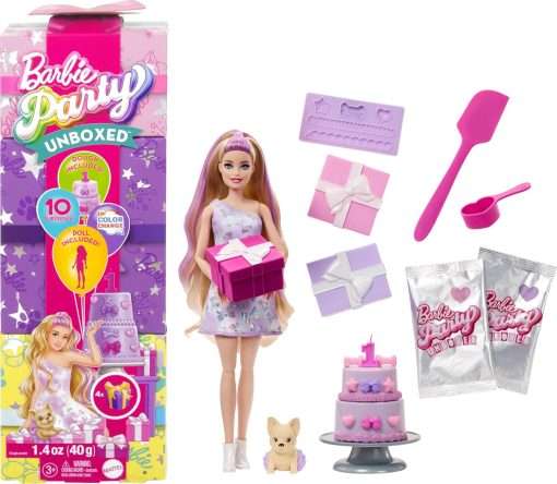 Barbie Party Unboxed Doll & Accessories, Pet Birthday Series Birthday Bows Set with 10 Surprises Including Color Change & Cake-Decorating Activity - 1