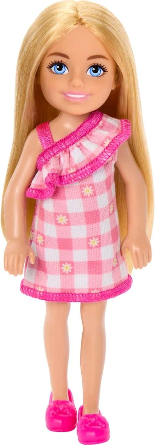 Barbie Chelsea Doll, Small Doll Wearing Removable Checked Dress & Pink Shoes with Blonde Hair & Blue Eyes - 1