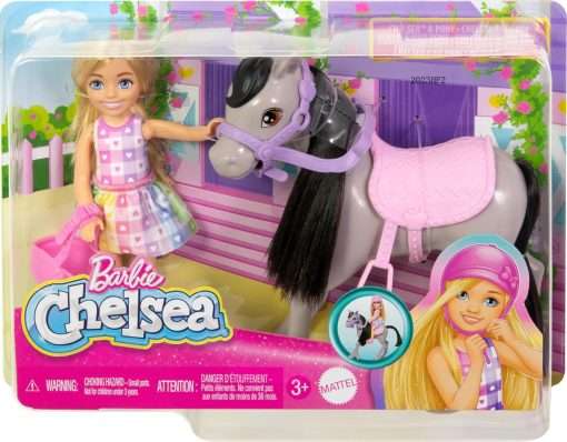 Barbie Chelsea Doll & Toy Horse Set, Includes Helmet Accessory & Saddle, Small Doll Bends at Knees to “Ride” Gray Pony - 6