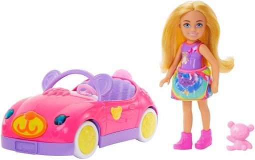 Barbie Chelsea Toy Car Set with Bear-Themed Convertible & Teddy Bear Accessory, Blonde Small Doll Wears Removable Skirt & Shoes - 1