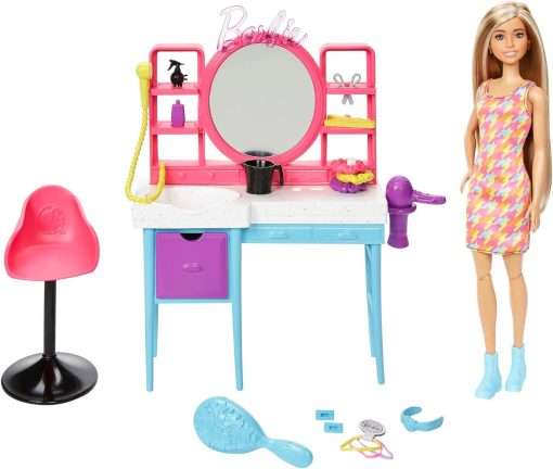 Barbie Doll & Hair Salon Playset with 15 Styling Accessories & Furniture, Long Color-Change Hair & Printed Dress - 1