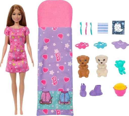 Barbie Doll & Playset with 2 Toy Dog Figures & 10+ Accessories, Puppy Slumber Party with Color-Change Feature, Sleeping Bag, Eye Masks & More - 1
