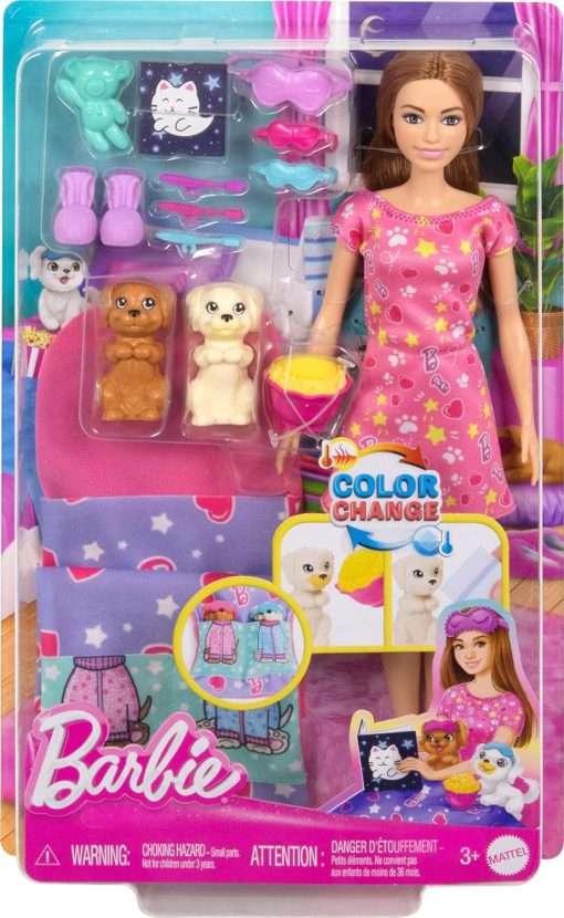 Barbie Doll & Playset with 2 Toy Dog Figures & 10+ Accessories, Puppy Slumber Party with Color-Change Feature, Sleeping Bag, Eye Masks & More - 6