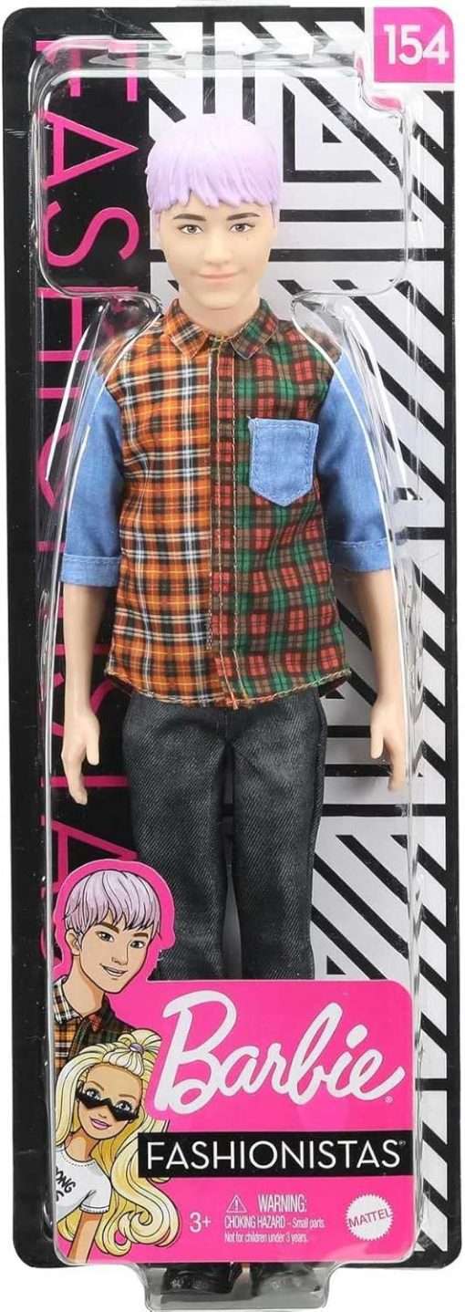 Barbie Ken Fashionistas Doll #154 with Sculpted Purple Hair Wearing a Color-Blocked Plaid Shirt, Black Denim Pants & Boots, Toy for Kids 3 to 8 Years Old - 7