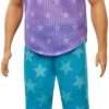Barbie Ken Fashionistas Doll #165 with Sculpted Brown Hair Wearing Purple “Malibu” Top, Blue Starred Joggers & White Shoes, Toy for Kids 3 to 8 Years Old - 1