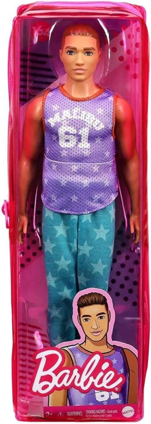 Barbie Ken Fashionistas Doll #165 with Sculpted Brown Hair Wearing Purple “Malibu” Top, Blue Starred Joggers & White Shoes, Toy for Kids 3 to 8 Years Old - 7