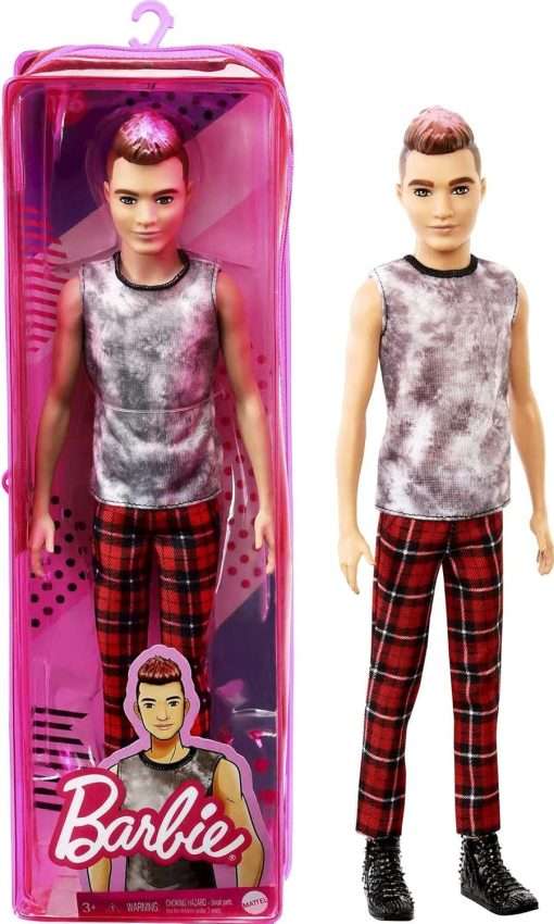 Barbie Ken Fashionistas Doll #176 with Sculpted Brunette Ombre-Tipped Hair Wearing a Sleeveless Tie-dye Shirt, Red Plaid Pants & Black Boots, Toy for Kids 3 to 8 Years Old - 1