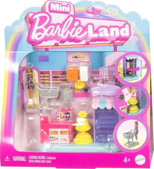 Barbie Mini BarbieLand Collectible Supermarket Playset with 1.5-Inch Doll, Product Shelves, Check Stand & Shopping Cart for Storytelling Play - 1