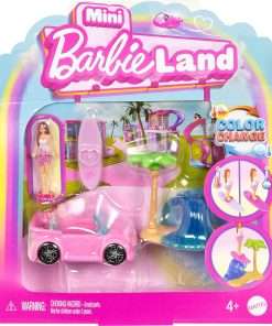 Barbie Mini BarbieLand Doll & Toy Vehicle Set, 1.5-inch Doll & Beach Convertible with Color-Change, Plus Beach Accessory - 1
