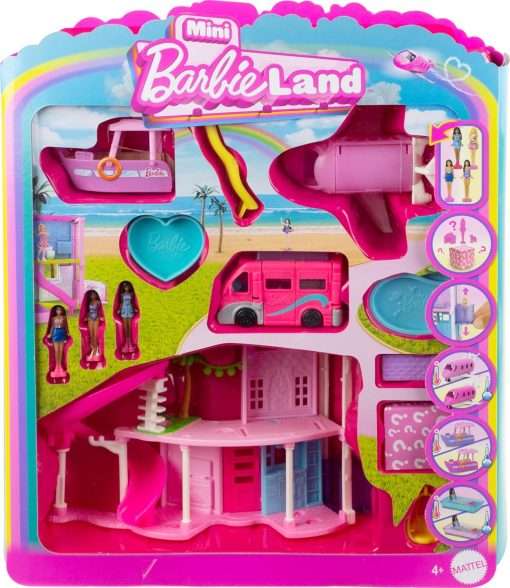 Barbie Mini BarbieLand DreamHouse & 3-Vehicle Playset with 4 1.5-Inch Dolls, Doll House Furniture & Accessories, Includes DreamCamper, Boat & Plane - 1