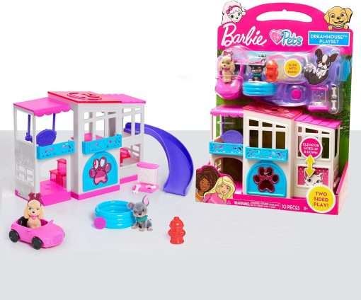 Barbie Pet Dreamhouse 2-Sided Playset, 10-pieces Include Pets and Accessories, 1-inch Pets, Kids Toys for Ages 3 Up by Just Play - 1