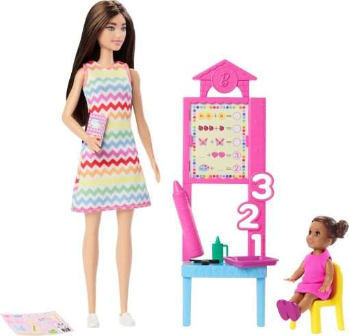 Barbie Teacher Doll with Brunette Fashion Doll with Printed Dress, 1 Toddler Doll, & Teaching Accessories - 1