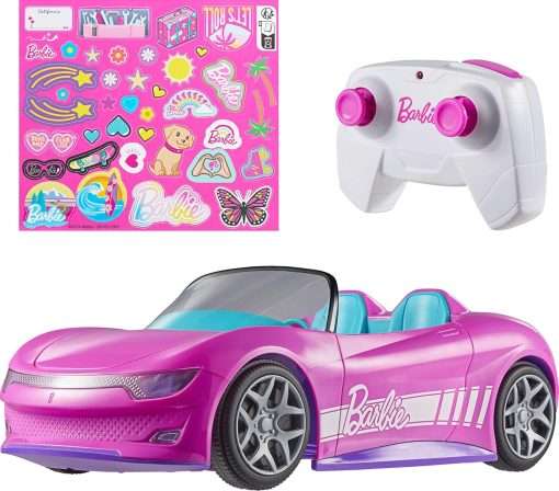 Hot Wheels Barbie RC Toy Car, Remote-Control Pink Convertible, Can Hold 2 Barbie Fashion Dolls & Trunk Opens for Storage, Sticker Sheet for Customizing - 1