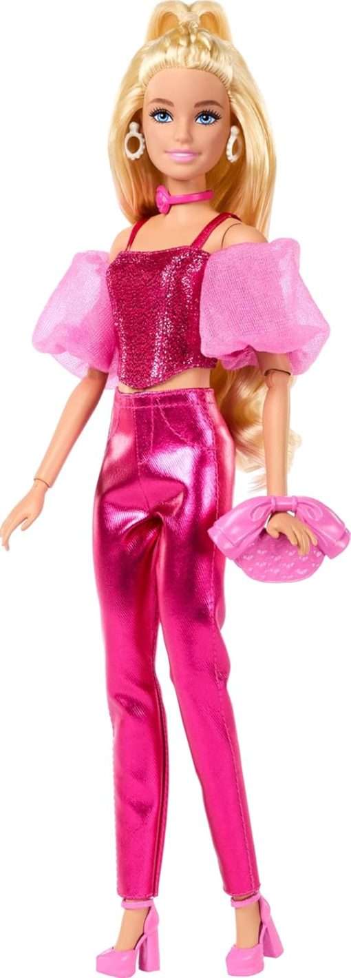 Barbie Deluxe Style Doll #5 in Metallic Pink Outfit, Blonde Hair, Sparkly Corset Top and Shiny Pants with Accessories Like Rose Necklace and Handbag - 1