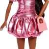 Barbie Deluxe Style Doll #6 in Metallic Coral Pink Dress with Bubble Hem, Black Hair in Ponytail, Accessories Like Sunglasses, Jewelry and Handbag - 2