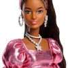 Barbie Deluxe Style Doll #6 in Metallic Coral Pink Dress with Bubble Hem, Black Hair in Ponytail, Accessories Like Sunglasses, Jewelry and Handbag - 4