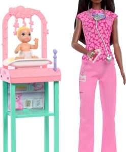Barbie Baby Doctor with Brunette Fashion Doll Wearing Pink Scrubs, 1 Baby with Accessories & Furniture - 1