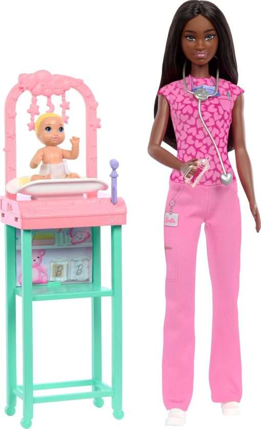 Barbie Baby Doctor with Brunette Fashion Doll Wearing Pink Scrubs, 1 Baby with Accessories & Furniture - 1