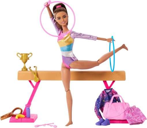 Barbie Careers Playset, Gymnastics Set with Brunette Gymnast Fashion Doll, C-Clip for Flipping Action, Balance Beam, Warm-Up Suit & Accessories - 1