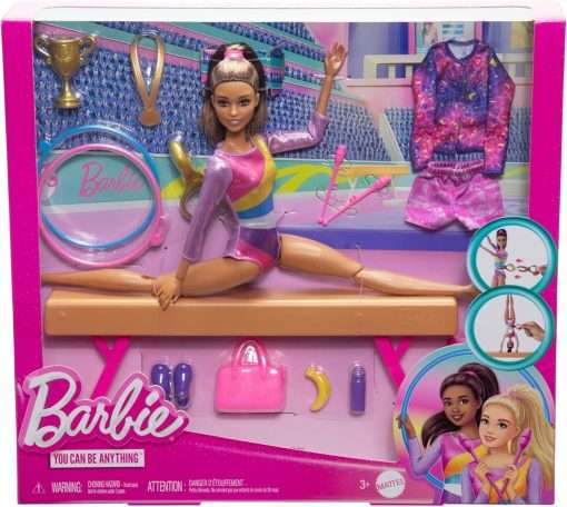 Barbie Careers Playset, Gymnastics Set with Brunette Gymnast Fashion Doll, C-Clip for Flipping Action, Balance Beam, Warm-Up Suit & Accessories - 6