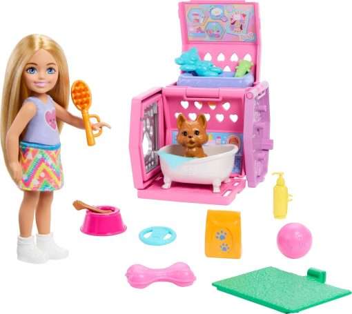 Barbie Chelsea Puppy Carrier Playset, Blonde Small Doll and Accessories, Dog Carrier with Puppy Themed Play Pieces - 1