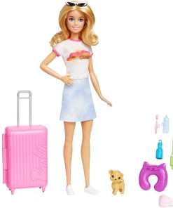 Barbie Doll & Accessories, Travel Set with Puppy and 10+ Pieces, Suitcase Opens & Closes, Barbie Malibu with Blonde Hair - 1