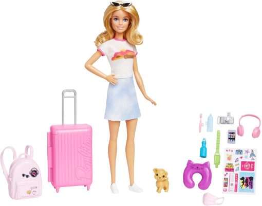 Barbie Doll & Accessories, Travel Set with Puppy and 10+ Pieces, Suitcase Opens & Closes, Barbie Malibu with Blonde Hair - 1